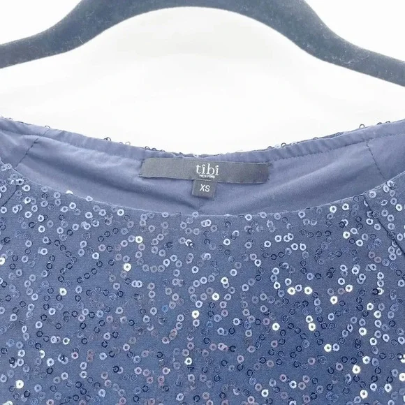 Tibi Sequin Cocktail Dress Womens Sz XS Blue Long Sleeve Shift Mini Keyhole Back - Picture 4 of 5
